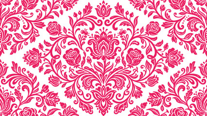 Obraz premium Seamless Fuchsia Pink Floral Damask Pattern. Elegant ornate background with roses, leaves, and swirls on white. Perfect for textile, wallpaper, wedding, or luxury design.