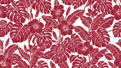 Seamless Tropical Pattern with Red Hibiscus Flowers and Monstera Leaves on White Background © Dijee Art