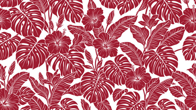 Seamless Tropical Pattern with Red Hibiscus Flowers and Monstera Leaves on White Background