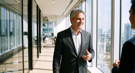Fototapeta premium Smiling businessman talking to a colleague in a high rise office corridor. Male executive in a pinstripe suit gesturing during a conversation by the window. Corporate networking concept