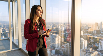 Naklejka na ściany i meble Businesswoman in red blazer holding tablet in high-rise office. Professional woman looking at city skyline during sunset. Corporate success and leadership concept