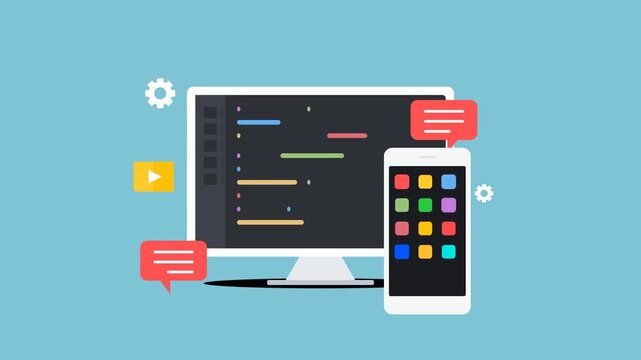 Responsive web development and mobile app design, flat illustration of desktop computer and smartphone with coding interface, modern digital technology for online business and user experience
