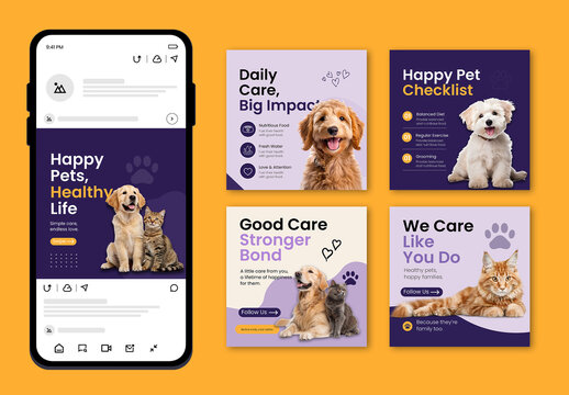 Pet Care and Veterinary Clinic Social Media Post Carousel Template Set