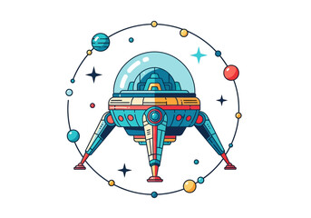 Retro Futuristic Space Lander Illustration with Orbiting Planets and Stars, Stylized Vector Art for Sci-Fi Projects © Anasani