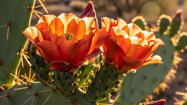Blooming orange flowers on a prickly pear cactus at sunset