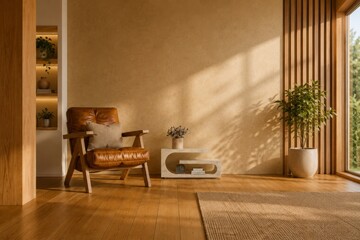Fototapeta premium Cozy minimalist living room interior with natural sunlight and wooden furniture