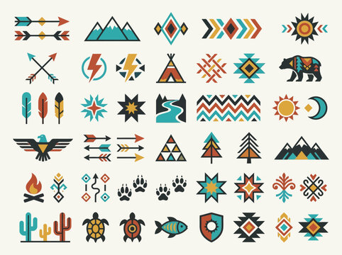 Native American Tribal Symbols and Geometric Ethnic Icons Set. Vector Collection of Southwest Wilderness Elements, Animal Totems, and Sacred Spiritual Signs.