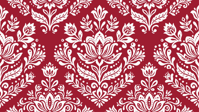 Seamless Traditional Damask Floral Ornament Pattern in White on a Deep Red Background