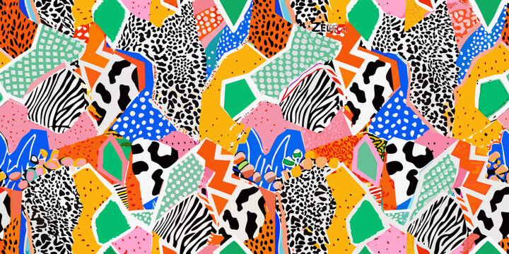 eclectic collage pattern with vibrant geometric shapes