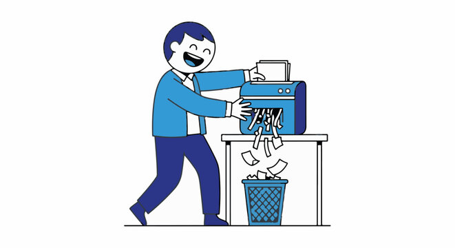 Frustrated man fixing a paper jam in office printer.