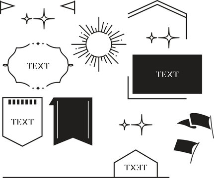 Abstract geometric shapes set vector illustration. Monochrome graphic design elements with retro line, simple form, figure, arch, flower, smiley, hand. Trendy cartoon flat stickers