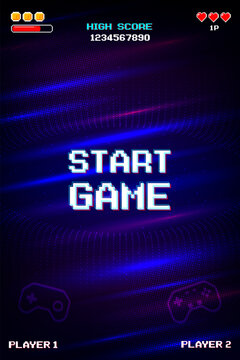 START GAME. Retro Futurism Sci-Fi Background. glowing neon grid and star from vintage arcade computer games. Vertical Backgrounds