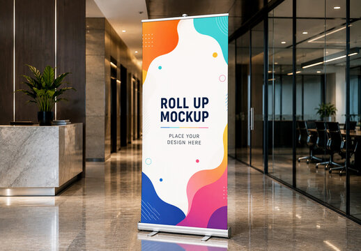 Realistic Roll Up Banner Mockup in Modern Corporate Office Corridor Interior