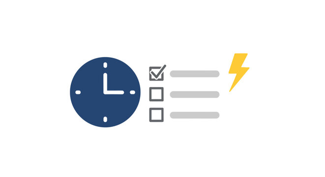 A flat icon showing a clock and a checklist with a lightning bolt symbol