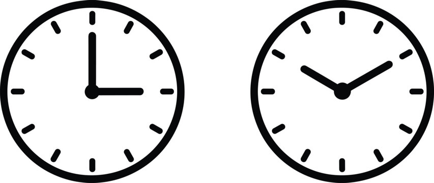 Clock icons collection showing different time symbols, analog watch face, business deadline, schedule reminder, punctuality, timer, meeting time management