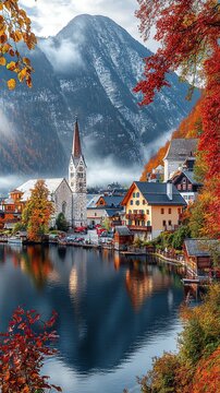 Hallstatt village on lake Austria autumn.
