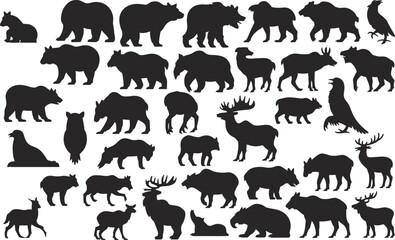Fototapeta premium Black wildlife animal silhouettes collection featuring bears, deer, moose, and birds isolated on white background for nature and outdoors design.