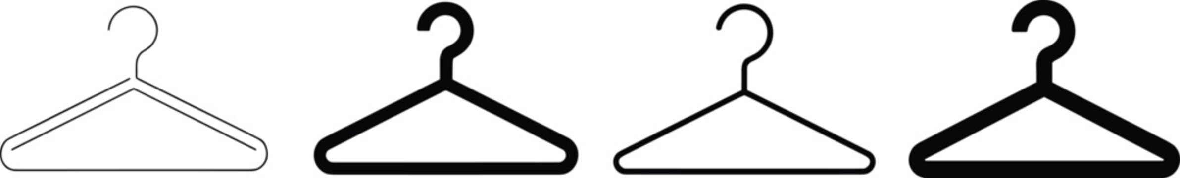 Clothes hanger icon set, fashion hanger illustration, wardrobe symbol, clothing store element, laundry hanger vector, minimalist black hanger design