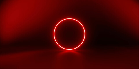 A glowing red neon circle radiates energy against a dark, atmospheric background, creating a striking visual effect that evokes mystery and modernity. © LumenCraft