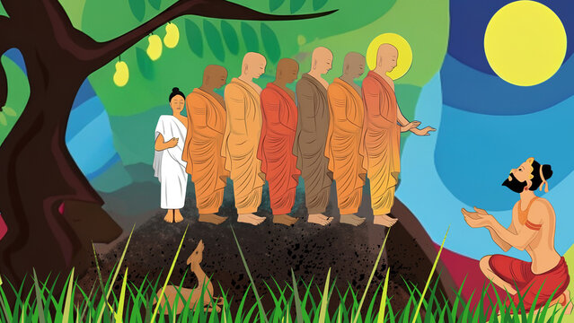 Poson Poya Sri Lanka Vector Illustration of Arahat Mahinda Monks and King Devanampiyatissa under Mango Tree