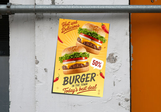 Realistic Urban Street Poster Mockup on Wall with Fast Food Advertisement