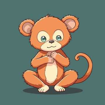 Plain background orange monkey sitting with folded hands cute cartoon illustration