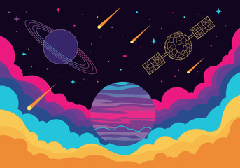 Colorful Vector Space Illustration with Planets, Satellite, Comets, and Stylized Cosmic Clouds in a Retro Futuristic Style © Giman