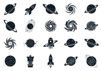 Space and Astronomy Icon Set - Minimalist Black Vector Planets, Rockets, and Galaxies © Giman