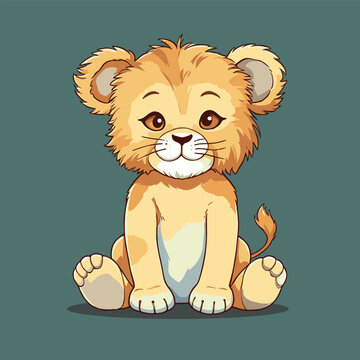 Plain background cute lion cub sitting static decorative cartoon design