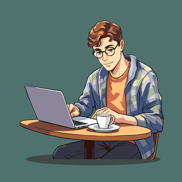 Caf&eacute; indoor bespectacled male working on laptop leisure cartoon picture