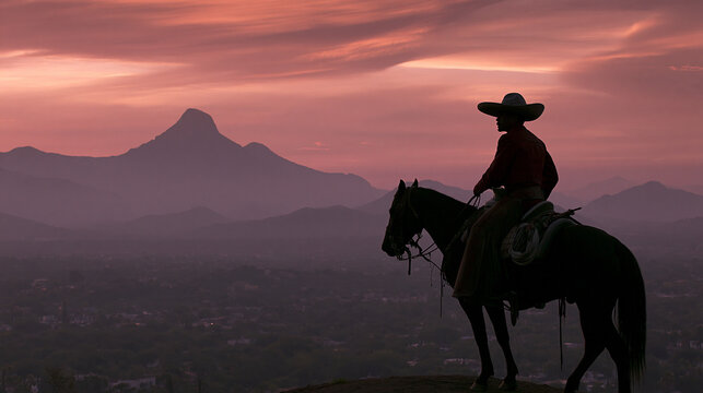 charro. Silhouette of a rider on a ridge at dawn, vast desert landscape and sky. travel magazines, destination branding, designed for outdoor magazines and nature guides.