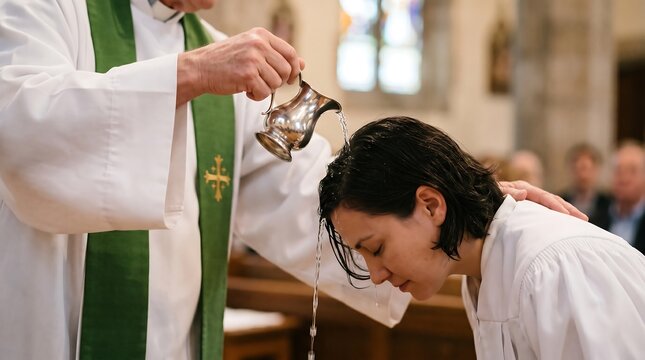 A priest performs a baptism ceremony, pouring water over a person's head.