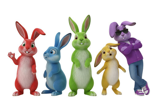 Four colorful cartoon bunnies standing in a row isolated on transparent background