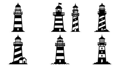 Collection of black and white lighthouse silhouettes © aliful
