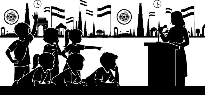 Silhouette of students in classroom with teacher instructing.