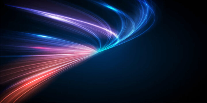 Abstract streaks of vibrant blue, purple, and red light flow and curve across a dark, deep blue background, creating a dynamic and energetic visual effect that suggests speed and motion.