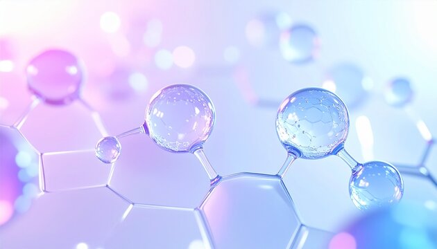 発光する美容液分子と六角形構造が融合した再生美容コンセプト、エクソソームや成長因子研究をイメージした未来的背景 ジェネレーティブAI