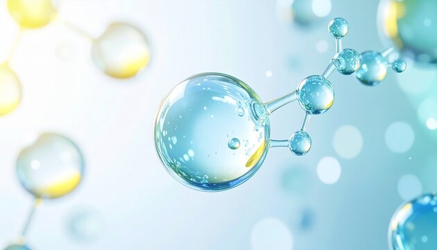 透明なガラス分子が連結する再生美容コンセプト、エクソソームや成長因子研究をイメージした未来的背景 ジェネレーティブAI