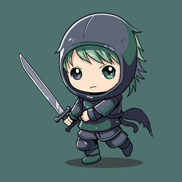 Dark space hooded ninja boy wielding dagger fight cartoon drawing