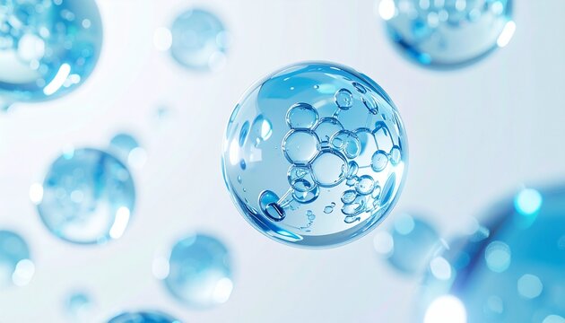 透明な細胞ネットワークを内包した青色のガラス球体、再生医療とエクソソーム研究を表現した先進バイオテクノロジーイメージ ジェネレーティブAI