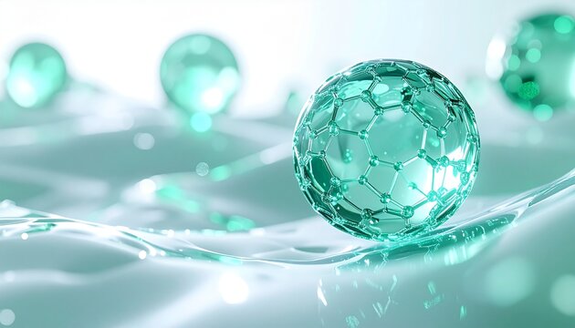 発光する透明細胞構造とナノレベルの分子ネットワーク、幹細胞研究や再生医療をイメージした未来的科学背景 ジェネレーティブAI
