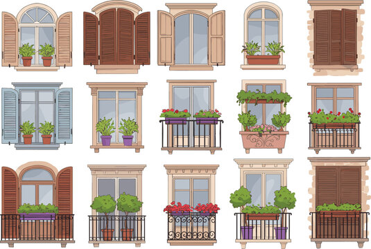 Collection of European style windows and balconies with shutters, plants, flowers, architectural details, vintage design, exterior decoration, romantic home facade