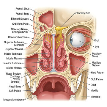 Anatomy of the human nasal cavity and sinuses diagram with illustration, education