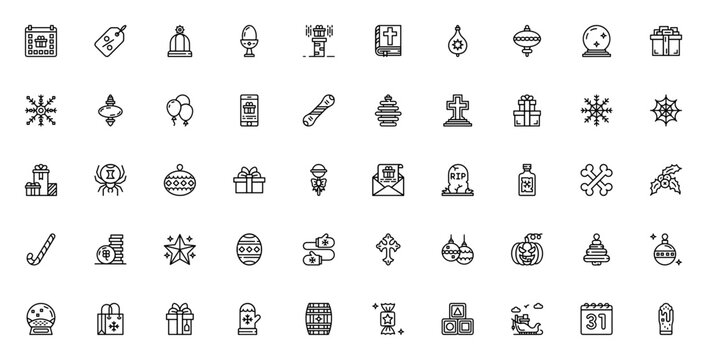 Holidays icon set. Festive vector icons pack. Includes Calendar, Hat, Easter egg, Christmas ball, Gift, Snowflake, Star, Pumpkin, and more. Editable stroke.
