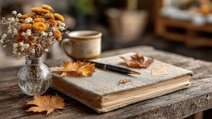 Fototapeta premium Minimal Workspace with Notebook, Pen, and Dried Leaves