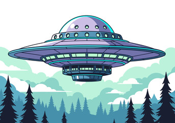 Vector Cartoon UFO Illustration Hovering Over Pine Forest with Clouds, Retro Alien Spaceship Graphic for Science Fiction and Mystery Themes © Salsa