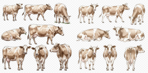 Fototapeta premium Set of watercolor cows in various poses, including standing, grazing, and lying down, isolated on a transparent background.