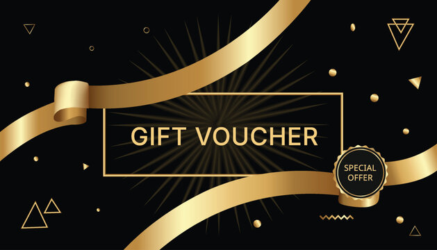 Luxurious black and gold gift voucher template with flowing ribbons and elegant decorative elements template promotion discount