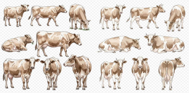 Set of watercolor cows in various poses, including standing, grazing, and lying down, isolated on a transparent background.