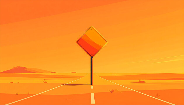 Desert road with orange warning sign at sunset